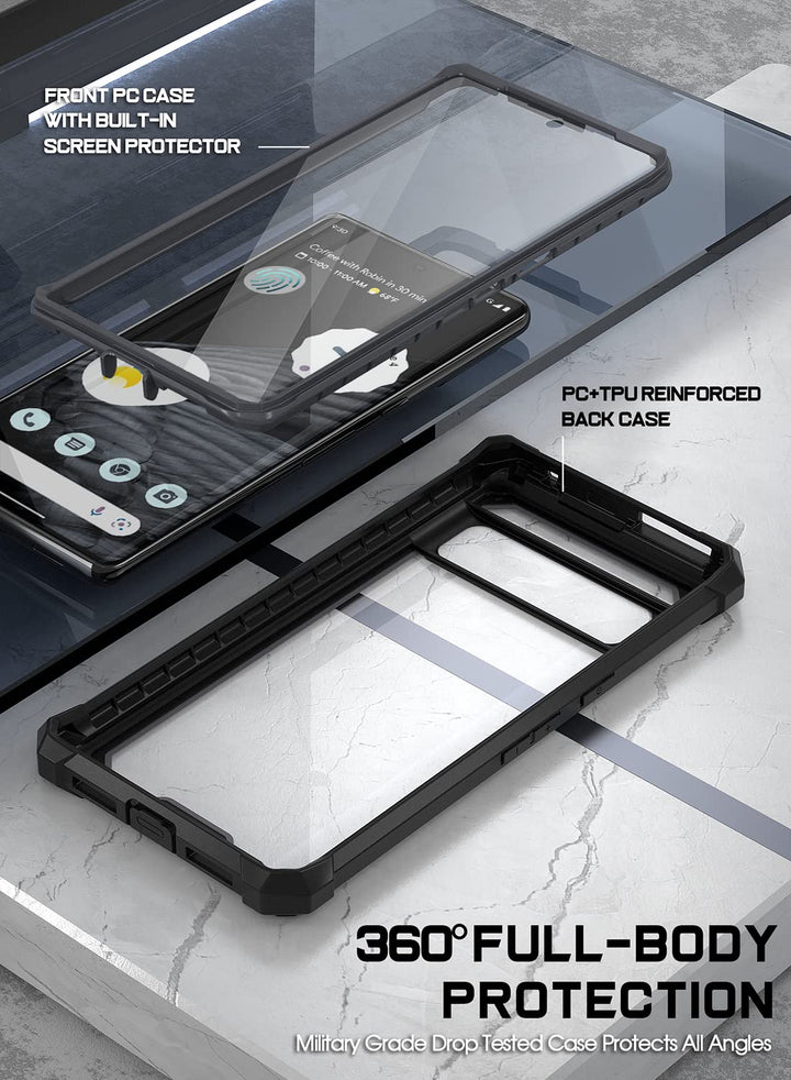 Guardian Case Compatible with Pixel 7 Pro 5G, Built-in Screen Protector Work with Fingerprint ID, Full Body Hybrid Shockproof Protective Rugged Clear Bumper Cover Case, Black/Clear