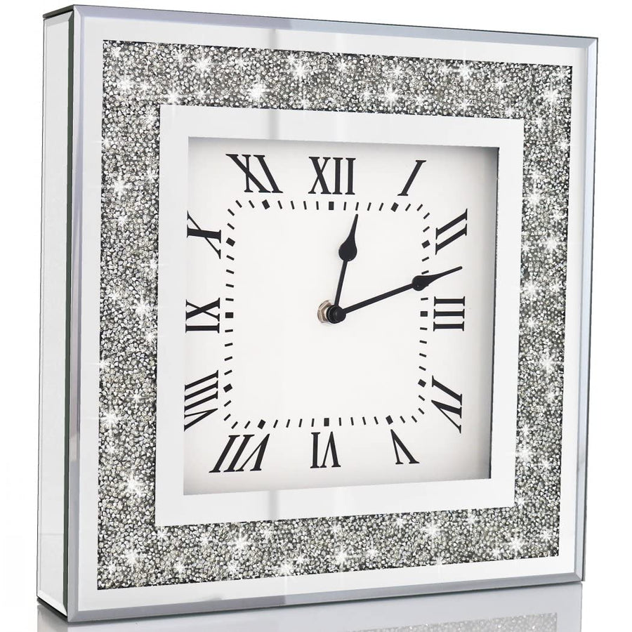 Crystal Crush Diamond Mirrored Square Wall Clock with Sparkle Twinkle Bling Diamond Decor for Wall Decoration, 12x12inch Decorative Silver Mirror Quartz Clock for Home Decor. AA Battery not included