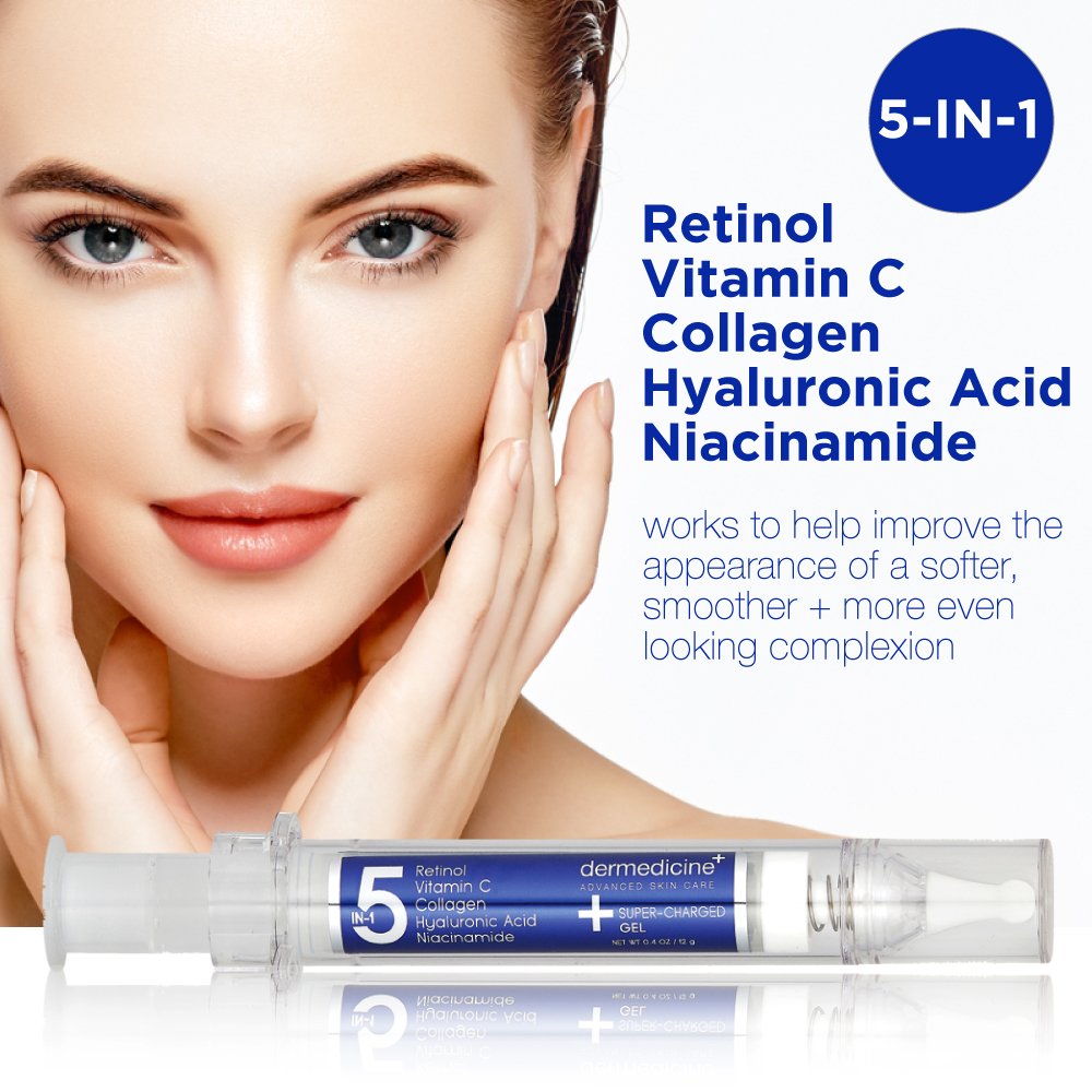 5 in 1 Super-Charged Gel for Face with Retinol, 3 Vitamin C, Collagen, Hyaluronic Acid, Niacinamide | May Help Improve Appearance of Fine Lines and Reduce Appearance of Dark Spots | .4 oz / 2 g