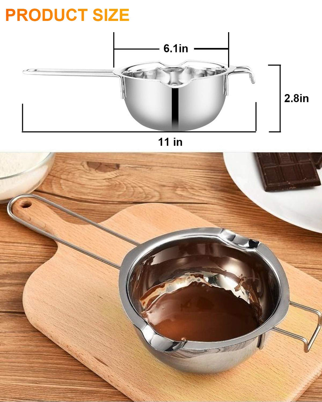 Stainless Steel Double Boiler Pot with 600ML for Melting Chocolate, Candy and Candle Making (18/8 Steel, Universal Insert)