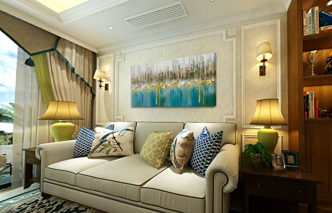 Teal Abstract Cityscape Canvas Wall Art Modern Skyline Gold Textured Painting, Grey Buildings Large Size 40x20 Picture Turquoise Artwork Framed for Living Room Bedroom Home Office Wall Decor