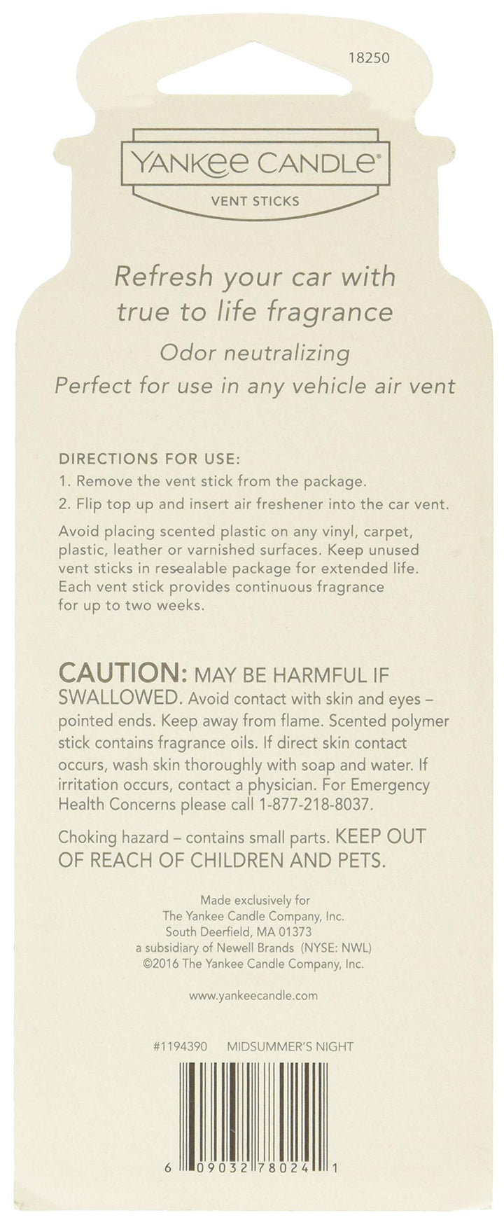 Car Freshener Vent Stick Midsummers Night, 2-Packs (8 Vent Sticks)