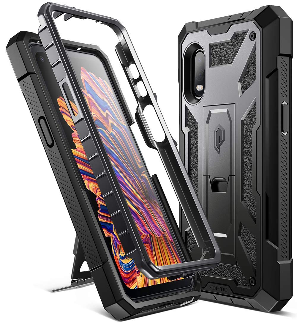 Spartan Series for Samsung Galaxy XCover Pro (2020) Case, Full-Body Rugged Dual-Layer Metallic Color Accent Leather Texture Shockproof Protective Cover with Kickstand, Metallic Gun Metal