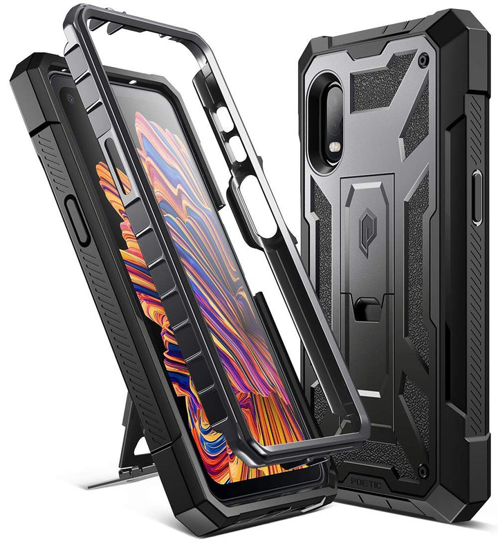 Spartan Series for Samsung Galaxy XCover Pro (2020) Case, Full-Body Rugged Dual-Layer Metallic Color Accent Leather Texture Shockproof Protective Cover with Kickstand, Metallic Gun Metal