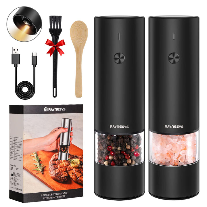 Electric Salt and Pepper Grinder Set Rechargeable, Stainless Steel Salt and Pepper Grinder Mill Set with Adjustable Coarseness, Automatic One Hand Operation, Modern Style, Black, 2 Pack