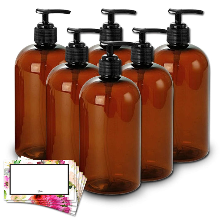 8 oz Amber Plastic Bottles, Black Pumps &amp; Gift Tags - 6 pk