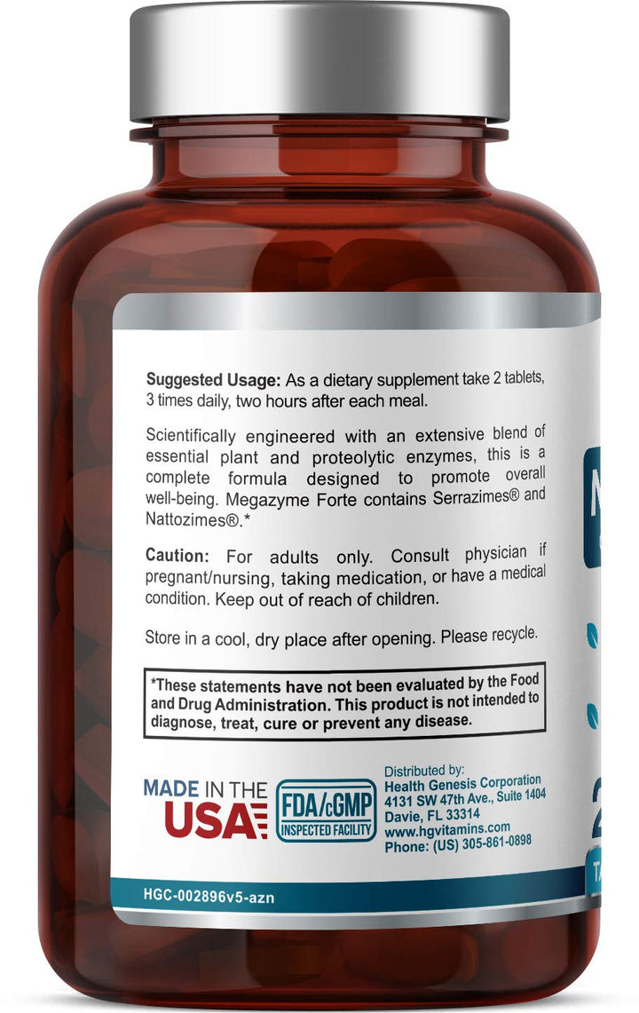 Megazyme Forte 200 Tablets - Natural Plant Proteolytic Enzymes Nattozimes Serrazimes Supports Digestive System Immune Health