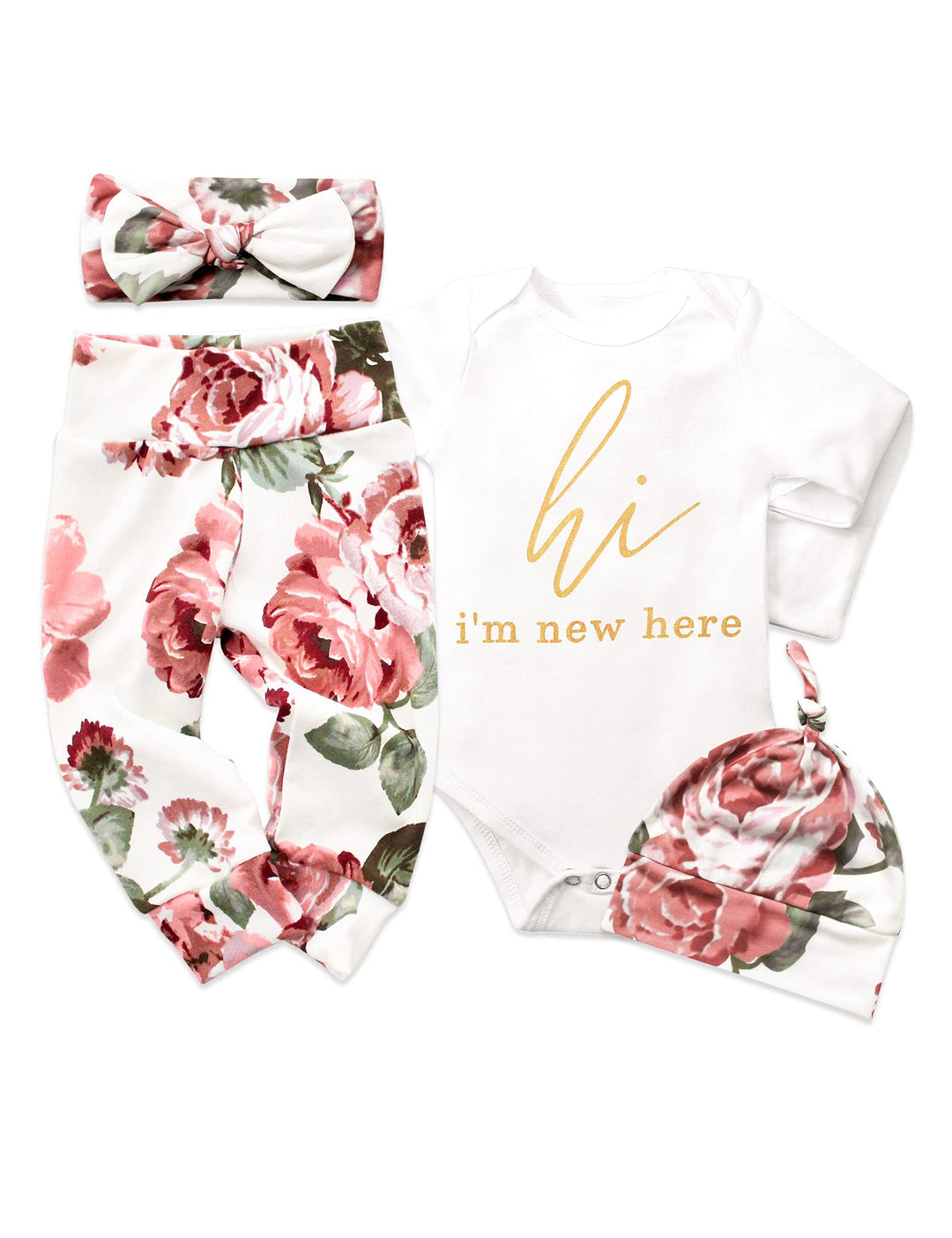 Baby Girl Clothes Preemie Clothes Girl Hi Im New Here Newborn Outfit Romper + Floral Pants + Headband + Hat Preemie Baby Girl Clothes 4PCS Set
