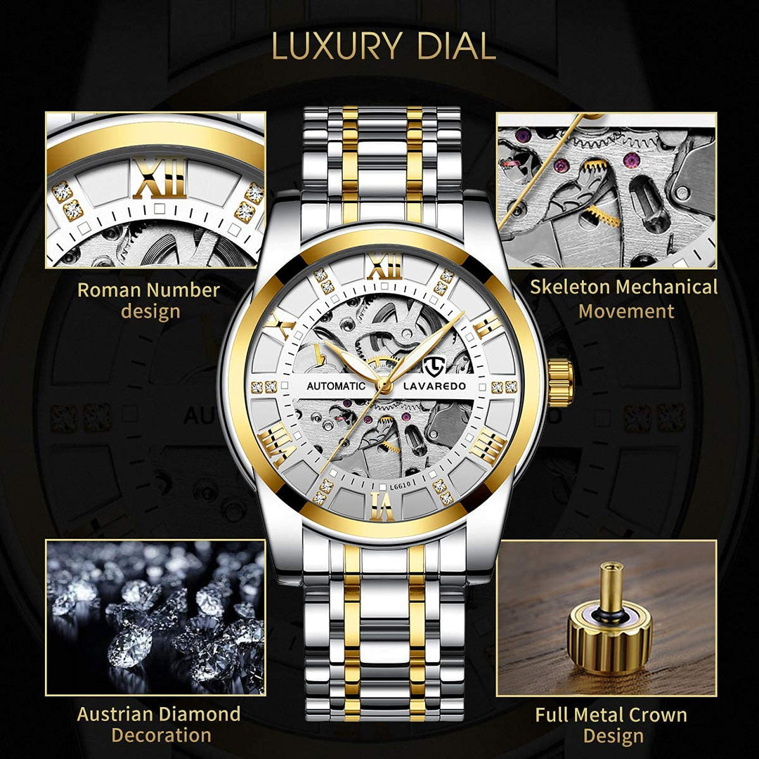 Mens Watch Skeleton Luxury Mechanical Stainless Steel Waterproof Black Automatic Self-Winding Roman Numerals Diamond Dial Wrist Watch