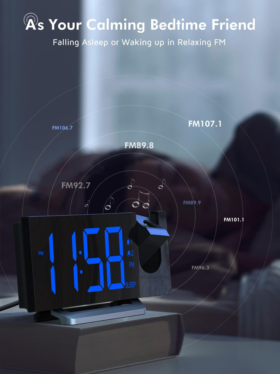 Projection Alarm Clock,FM Clock Radio with 0-100% Dimme