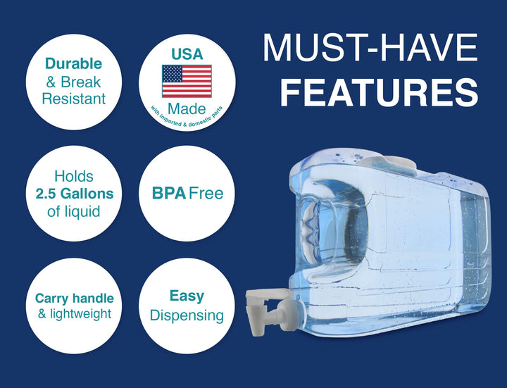 Oasis Drink Dispenser for Fridge, 2.5 Gallon - Plastic Beverage Dispenser with Spigot for Easy Dispensing - BPA Free Clear Plastic - Convenient Handle, Easy-Pour Spout