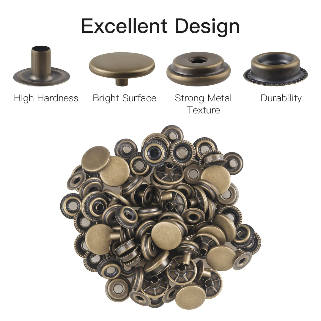 200 Pcs (50 Sets) Leather Snap Fastener Kit Tool 5/8 inches (15mm) Snaps for Leather Press Studs Stainless Snap Buttons for Bag, Jeans, Clothes, Fabric (Silver+Bronze)