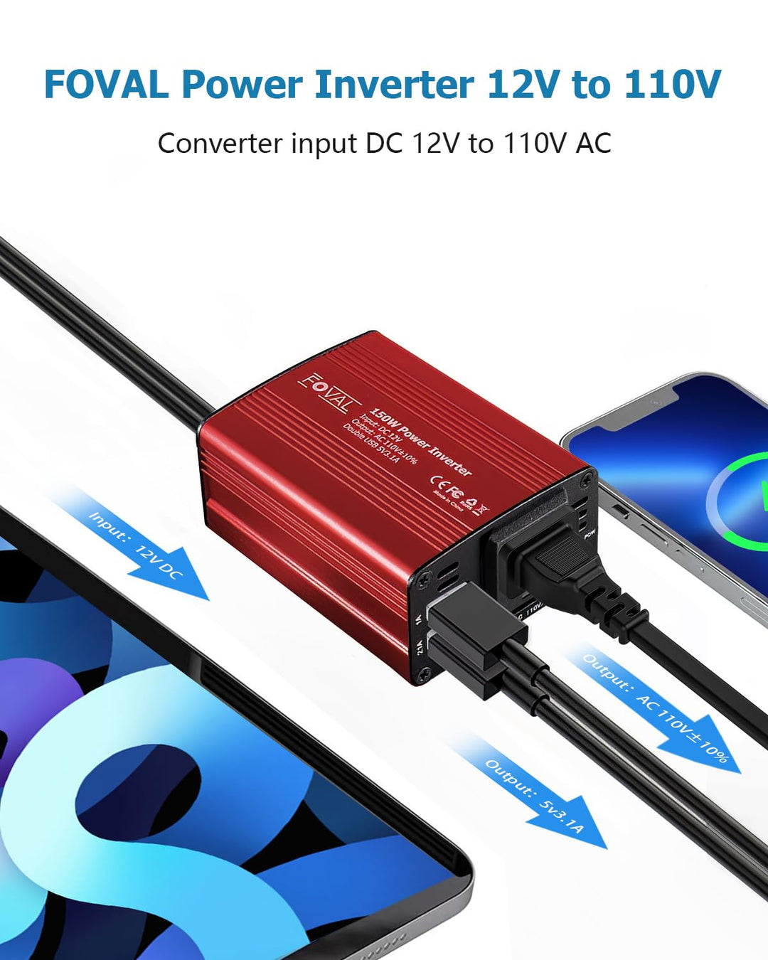 150W Car Power Inverter 12V DC to 110V AC Converter Vehicle Adapter Plug Outlet with 3.1A Dual USB Car Charger for Laptop Computer (Classic Red)