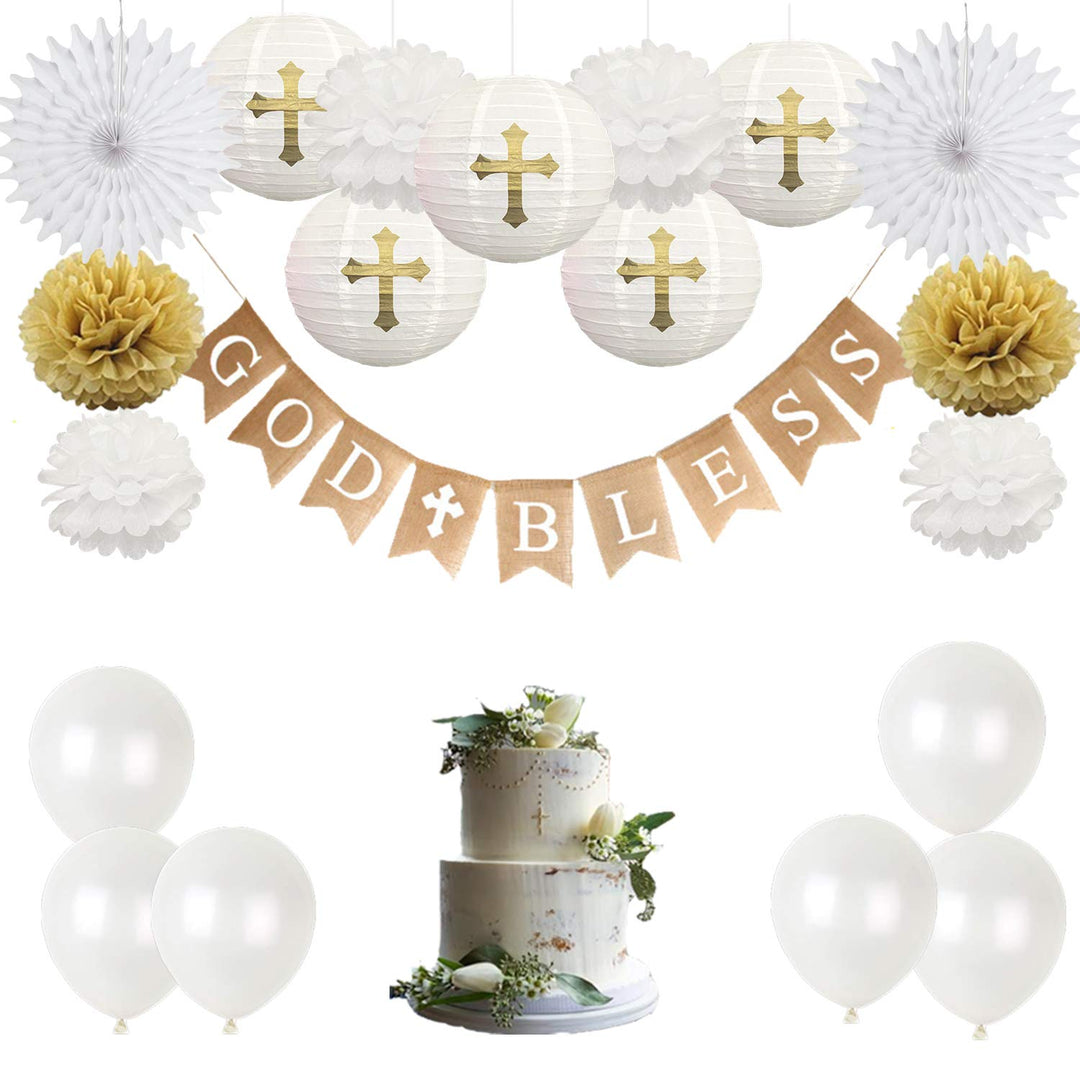 First Communion Banner Kit, Baptism Decorations for Boys Girls, First Communion Confirmation Decorations,God Bless Banner and White Decorations - White Set