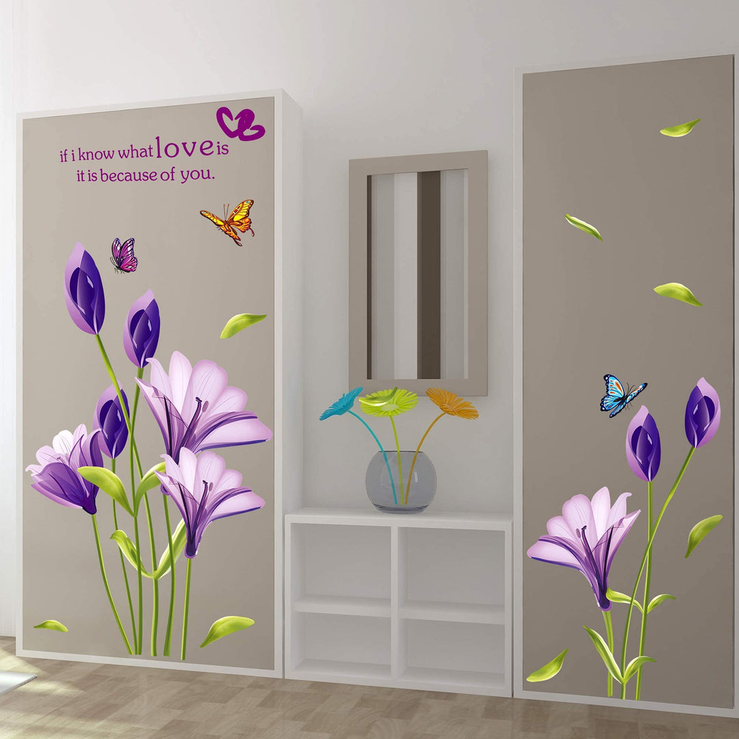 RW-7244 Removable 3D Purple Lily Flowers Wall Decals Floral Butterflies Wall Stickers Peel and Stick DIY Wall Art Decor for Kids Girls Baby Bedroom Nursery Living Room TV Wall Home Decoration
