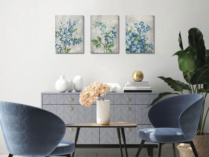 Bathroom Decor Blue Flowers Canvas Wall Art Pictures Florals Blossom Painting Grey Wildflowers Botanical Framed for Bedroom Living Room Dinning Room Home Office Wall Decor, 12x16x3 Panels