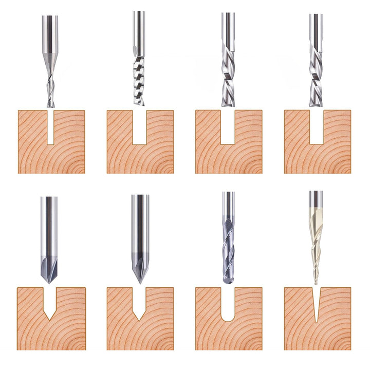 8Pcs Carbide CNC Router Bits Set 1/4 Inch Shank for Woodworking Detail Carving Trimming V Groove Engraving Slotting Mortise