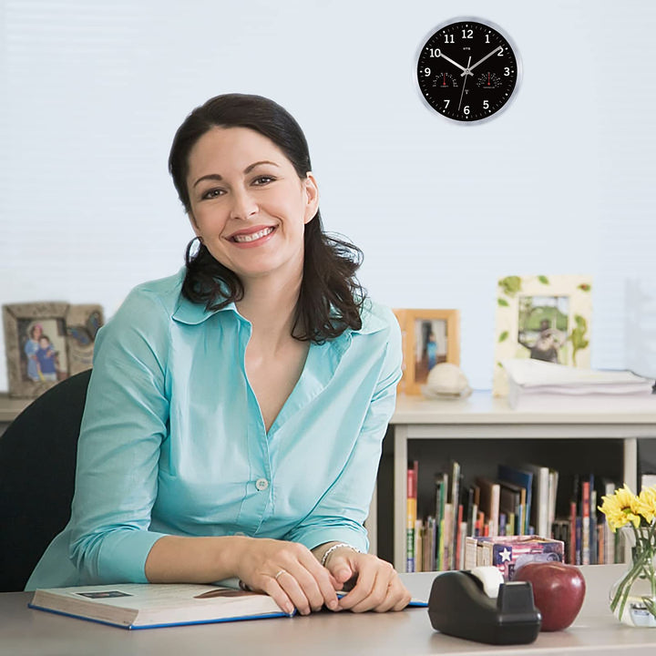 Atomic Wall Clock with Hygrometer and Thermometer Radio Wave Analog Clocks Battery Operated Round Easy to Read for Living Room Bathroom Kitchen Lanai Home Office school Travel Trailer 10&#39;&#39; Silver