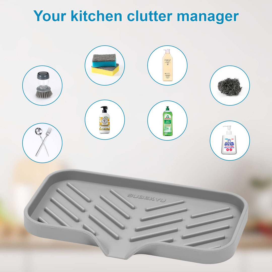 Silicone Kitchen Soap Tray, Sink Tray for Kitchen Counter/Soap Bottles, Sponge Holder and Organizer with Drain Spout, Grey, [Size: 9.5 x 5 inch]