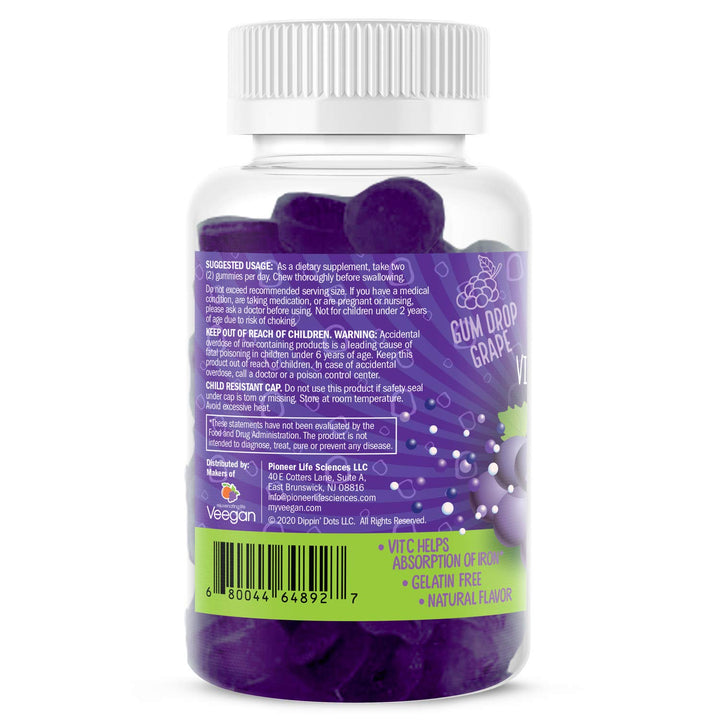 Dippin' Dots - Iron with Vitamin C & B12 Gummies (60 Count) Vital for Red Blood Cell Formation | Gum Drop Grape Real Pectin Fruit Chew Supplements | Vegan, Non-GMO, Gluten Free & Gelatin Free