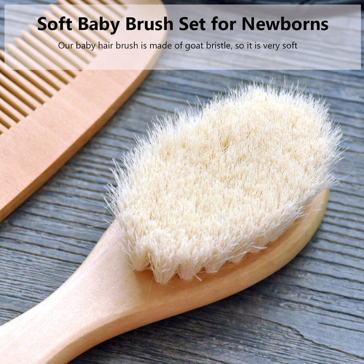 Baby Goat Hair Brush and Comb Set for Newborns &amp; Toddlers Eco-Friendly Safe Brush Natural Wooden Comb Soft Bristles for Cradle Cap Perfect Baby Shower and Registry Gift