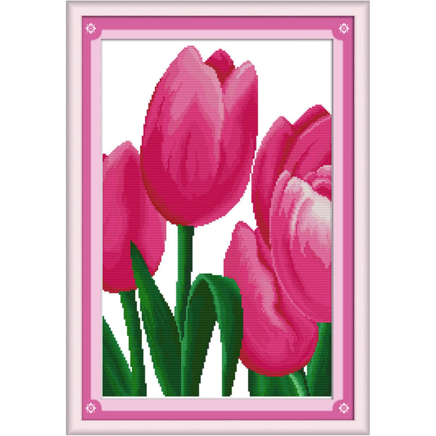 Stamped Cross Stitch Kits for Beginners,Full Set of Crossstitching Preprinted Pattern, Embroidery Needlepoint Starter Kits 14CT 2 Strands-Pink Tulip, 13x18.9 inch