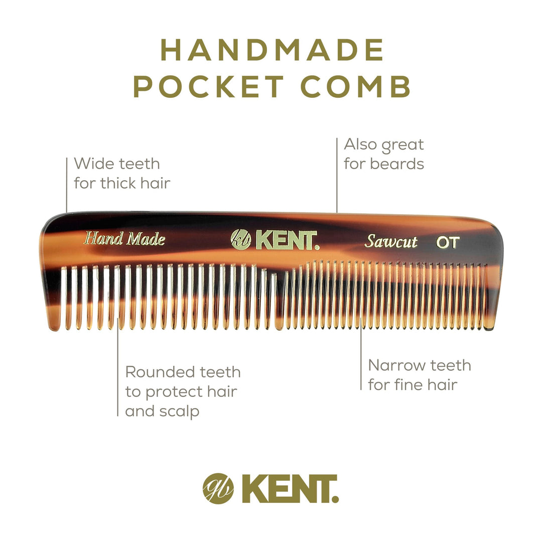 Kent OT 4.4 Pocket Comb – Fine &amp; Wide Tooth Handmade Comb for Hair, Beard, Mustache. Ideal for Travel. Saw Cut and Hand Polished.