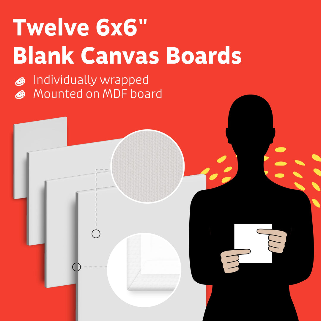 Canvases for Painting - Pack of 12, 6 x 6 Inch Blank White Canvas Boards - 100% Cotton Art Panels for Oil, Acrylic &amp; Watercolor Paint