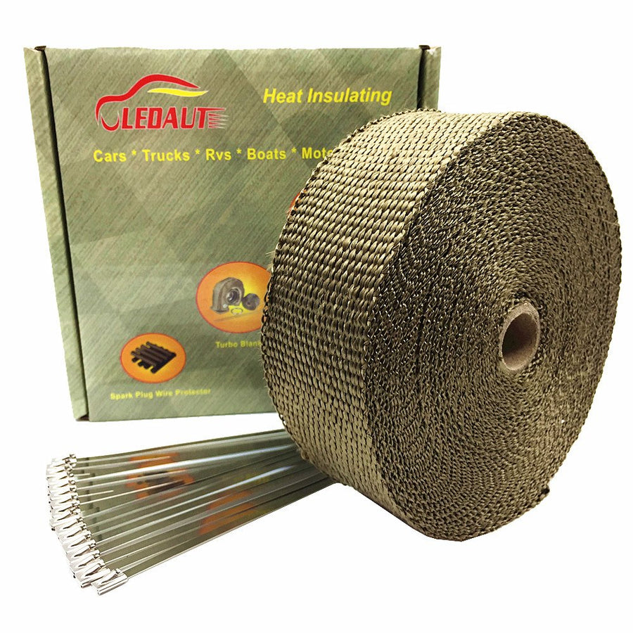 2 x 50' Titanium Exhaust Heat Wrap Roll for Motorcycle Fiberglass Heat Shield Tape with Stainless Ties
