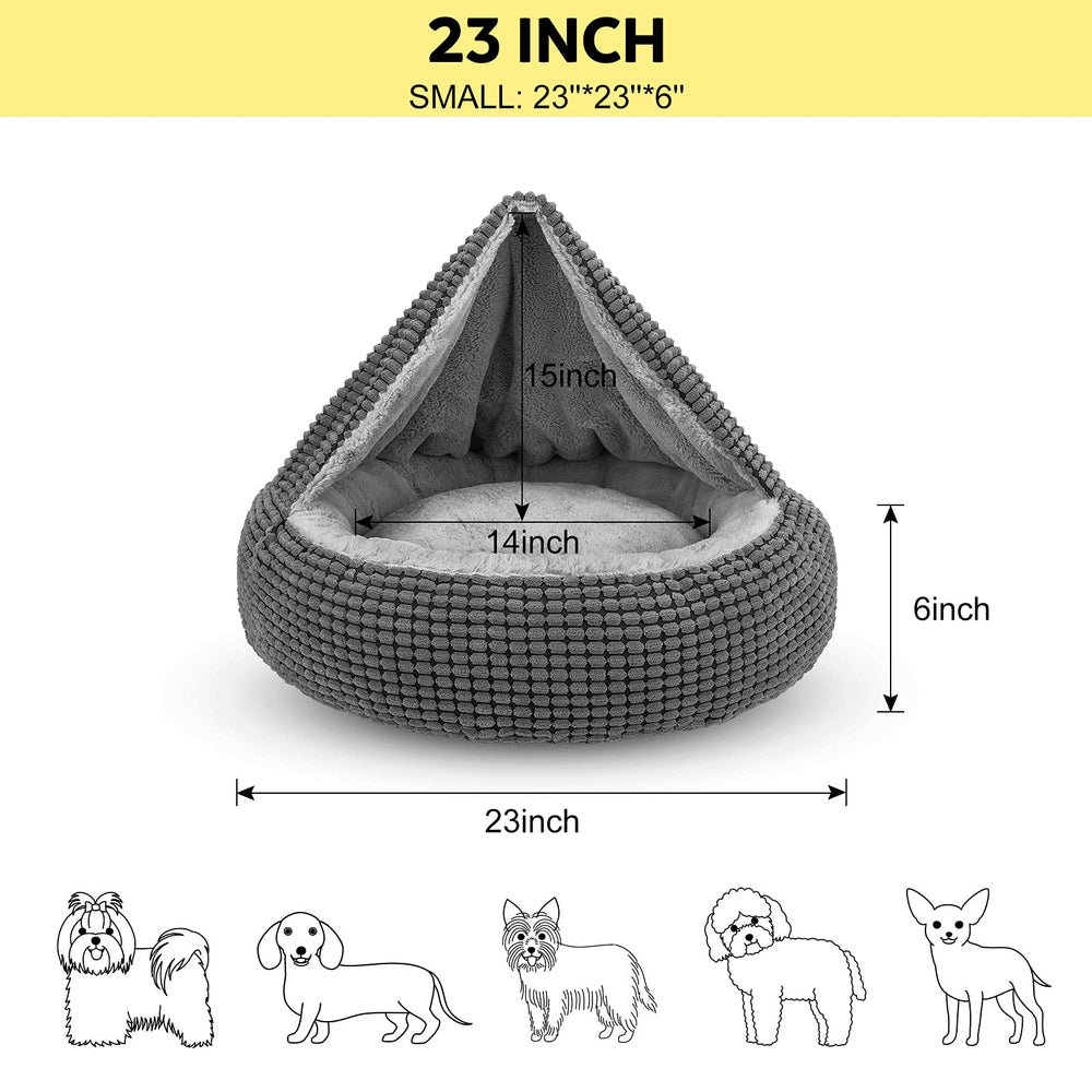Small Dog Bed with Attached Blanket, Cozy Donut Cuddler Anti-Anxiety Hooded Pet Beds Calming Cave Bed. Orthopedic Round Puppy Beds for Dogs or Cats Washable, Anti-Slip Bottom, 23inch