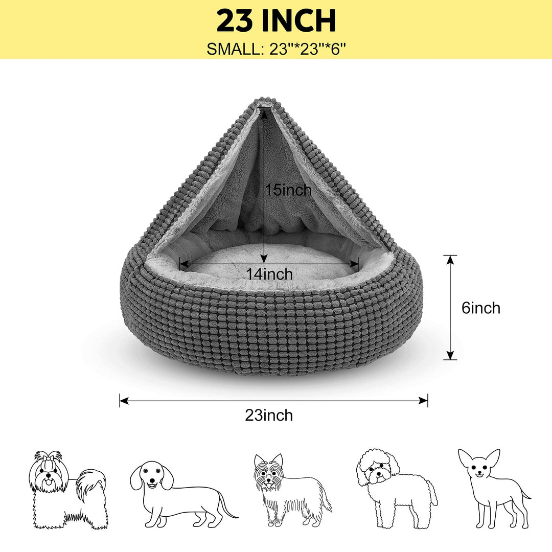 Small Dog Bed with Attached Blanket, Cozy Donut Cuddler Anti-Anxiety Hooded Pet Beds Calming Cave Bed. Orthopedic Round Puppy Beds for Dogs or Cats Washable, Anti-Slip Bottom, 23inch