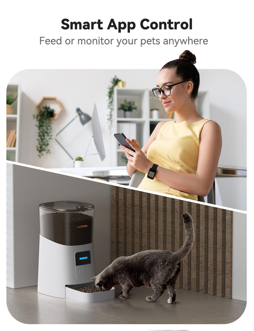 6L Automatic Cat Feeder, WiFi Automatic Dog Feeder with APP Control for Remote Feeding, Automatic Cat Food Dispenser with Low Food Sensor and Voice Recorder, Up to 15 Meals Per Day