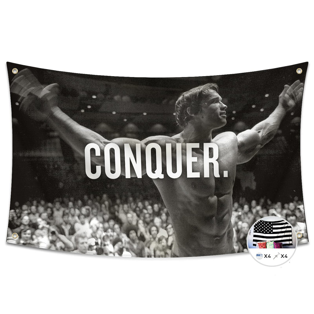 Conquer Flag for Arnold Schwarzenegger 3x5 Ft Gym Motivation Funny Fitness Poster Cool Man Cave Wall Decor for College Dorm Room Decoration,Bedroom,Outdoor,Parties,Gift,Indoor,Ceiling,Garage