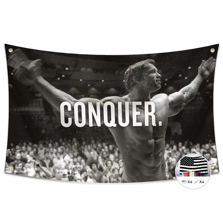 Conquer Flag for Arnold Schwarzenegger 3x5 Ft Gym Motivation Funny Fitness Poster Cool Man Cave Wall Decor for College Dorm Room Decoration,Bedroom,Outdoor,Parties,Gift,Indoor,Ceiling,Garage