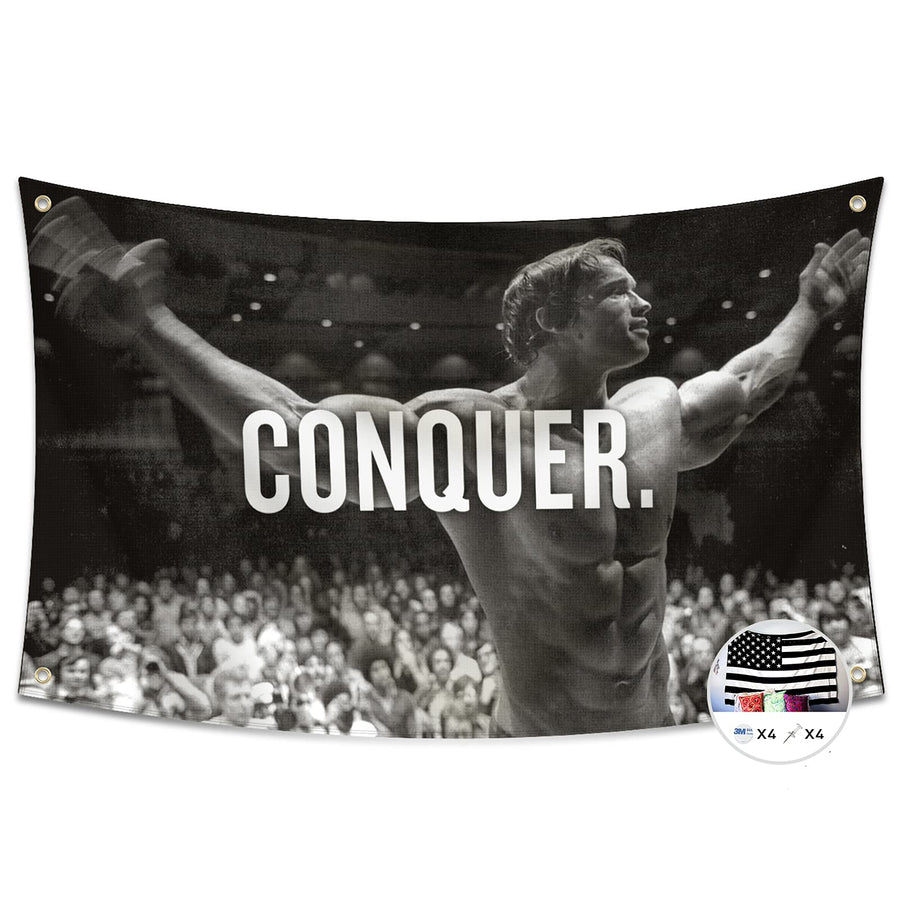 Conquer Flag for Arnold Schwarzenegger 3x5 Ft Gym Motivation Funny Fitness Poster Cool Man Cave Wall Decor for College Dorm Room Decoration,Bedroom,Outdoor,Parties,Gift,Indoor,Ceiling,Garage