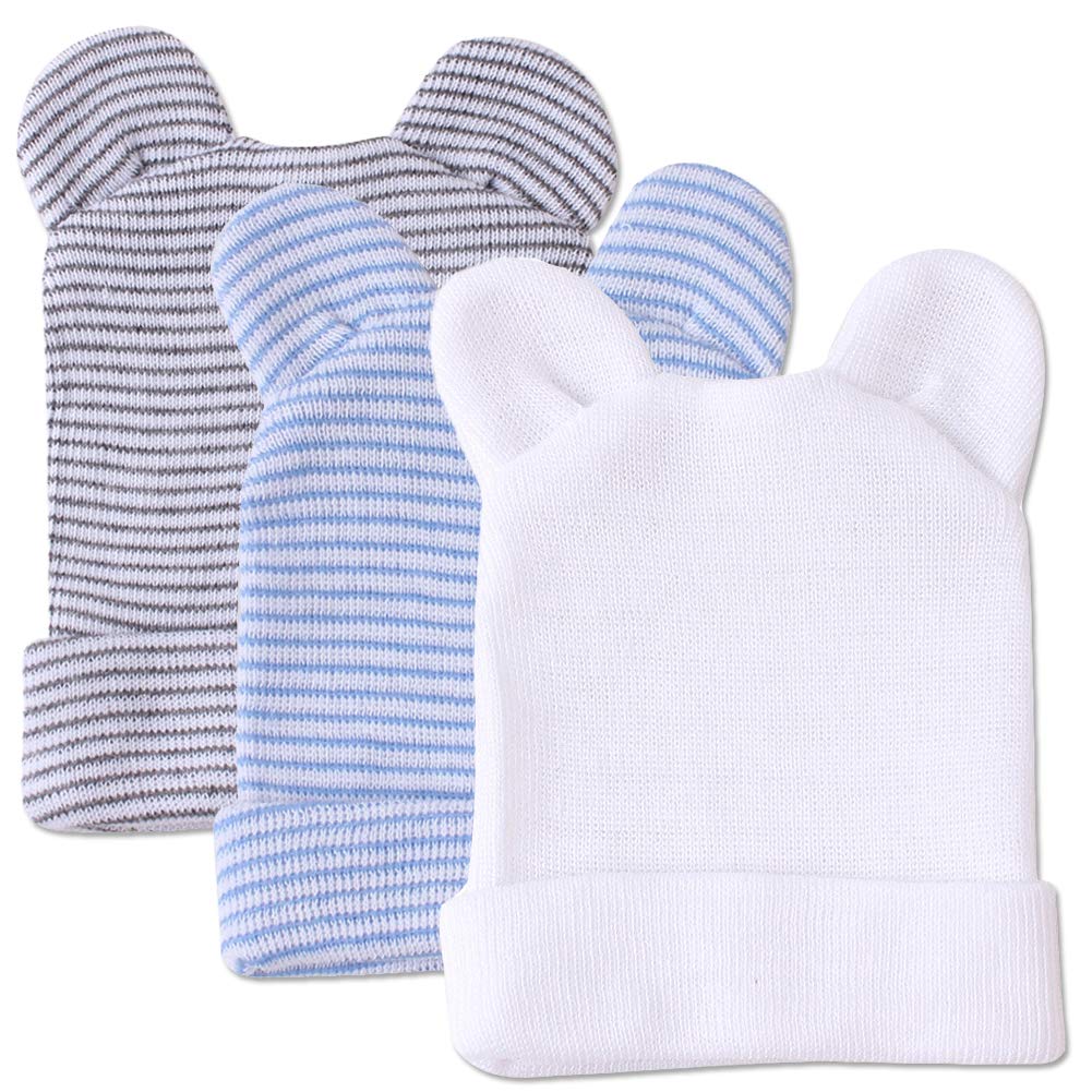 Newborn Hat with Ears - Infant Boys Hospital Hat Baby Nursery Beanie Caps 0-3 Months(3pcs, A White &amp; Blue &amp; Grey)
