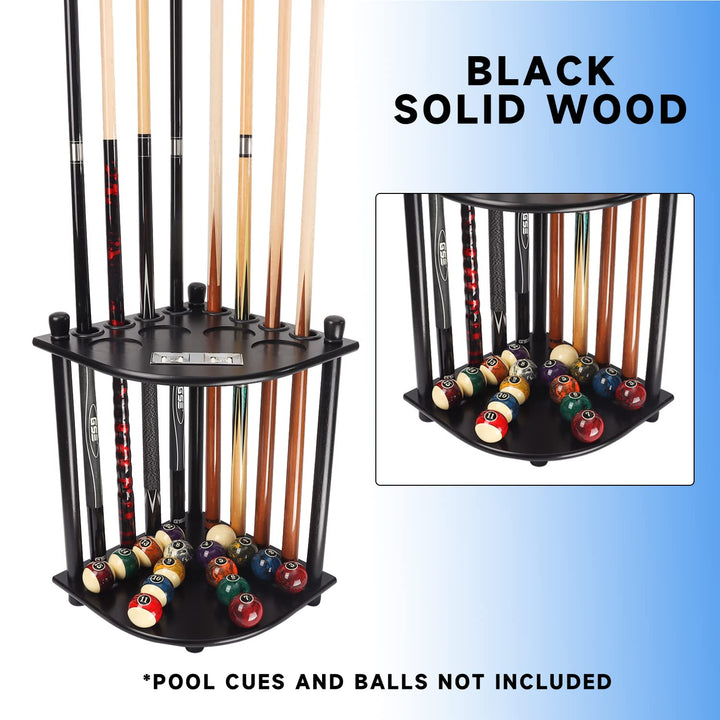 GSE Games &amp; Sports Expert Billiards Pool Stick Holder Only, Corner-Style Floor Stand Billiard Pool Cue Racks with Score Counters, Holds 8 Pool Cue Sticks and a Full Set of Balls (Black)