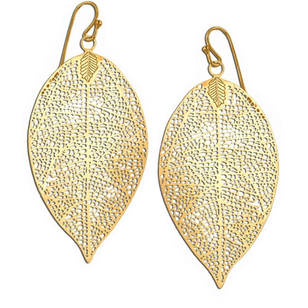 Large Brass Tree Leaf Dangling Earrings - Big Dangle Allergy Free Costume Jewelry for Girls &amp; Women