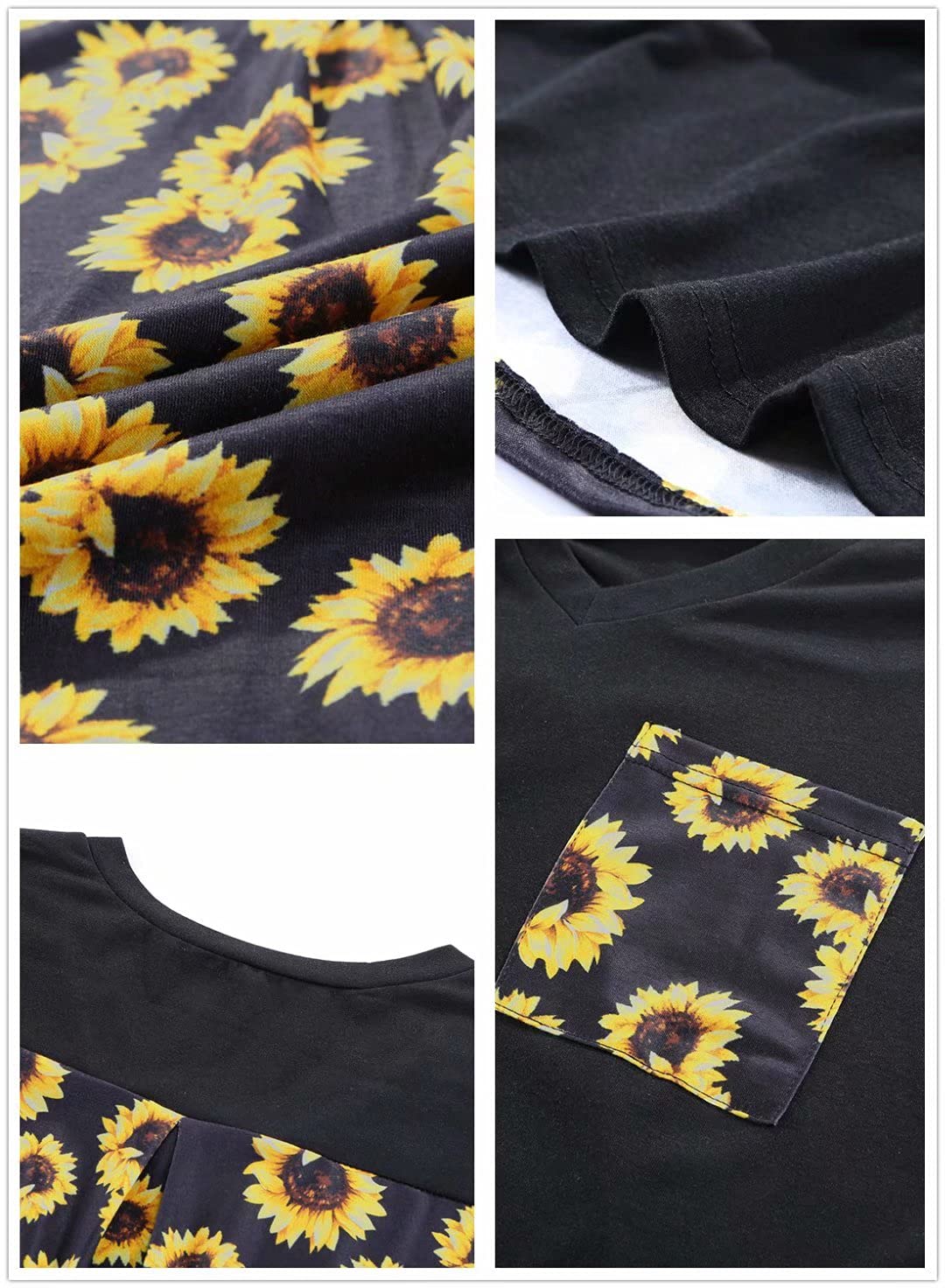 Women&#39;s Sunflower Printed Splicing T-Shirt Short Sleeve Patchwork V Neck Blouse Tunic