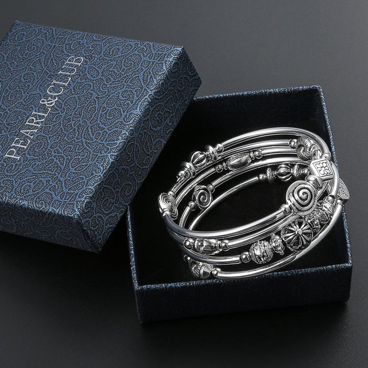 Beaded Pearl Bangle Wrap Bracelet - Fashion Bohemian Jewelry Multilayer Charm Bracelet with Thick Silver Metal Beads, Gift For Women(Metal)