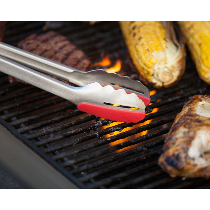 Locking BBQ Grilling Tongs with Stainless Steel and Silicone Heads, 15-Inch, Silver