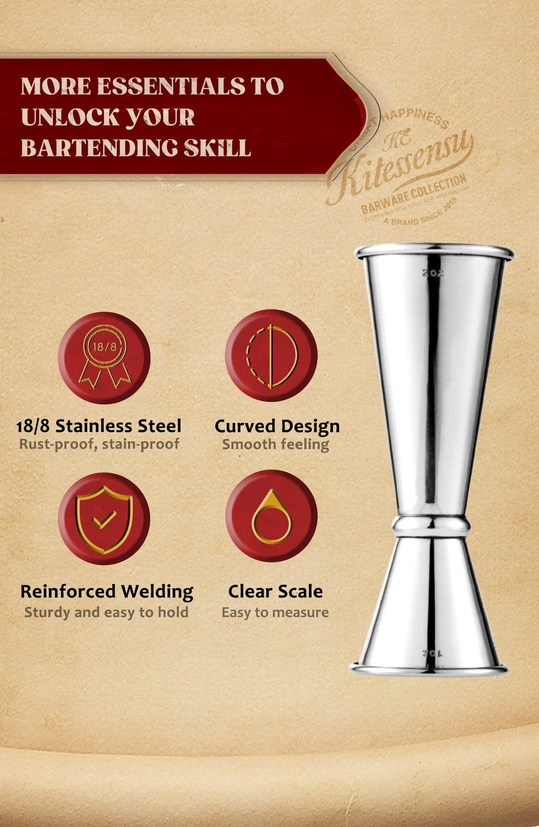 Jigger for Bartending, Japanese Jigger 2 oz 1 oz with Measurements Inside, 18/8 Stainless Steel Cocktail Jiggers