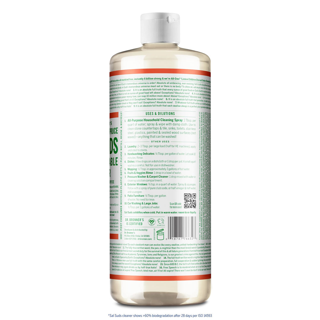 Dr. Bronner&#39;s - Sal Suds Biodegradable Cleaner (32 oz, 2-pack) - All-Purpose Cleaner, Pine Cleaner for Floors, Laundry and Dishes, Concentrated, Cuts Grease and Dirt, Powerful Cleaner