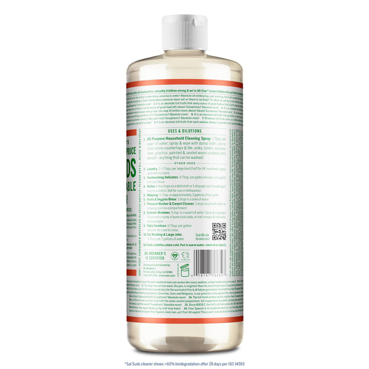 Dr. Bronner&#39;s - Sal Suds Biodegradable Cleaner (32 oz, 2-pack) - All-Purpose Cleaner, Pine Cleaner for Floors, Laundry and Dishes, Concentrated, Cuts Grease and Dirt, Powerful Cleaner