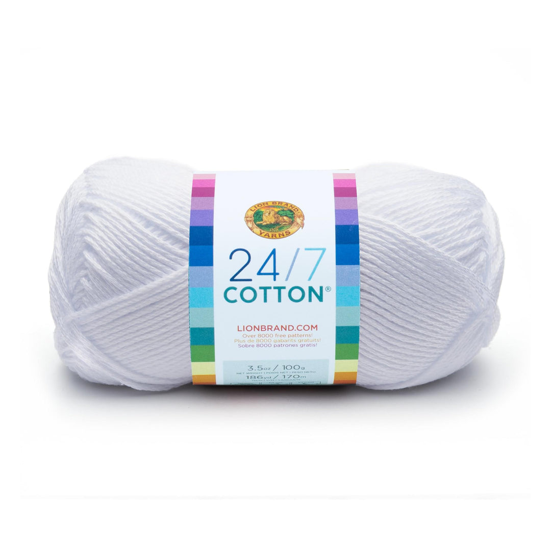 Lion Brand 24/7 Cotton Yarn, Lightweight Yarn for Knitting, Crocheting, and Crafts, White, 1 Pack