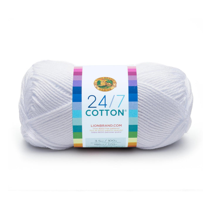 Lion Brand 24/7 Cotton Yarn, Lightweight Yarn for Knitting, Crocheting, and Crafts, White, 1 Pack