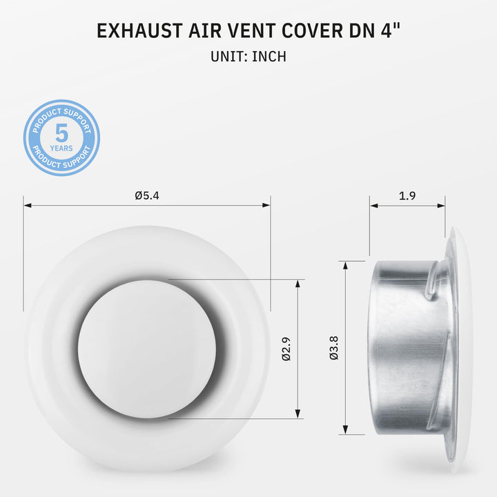 ® TVSA 4 Inch AC Vent Cover Round Adjustable Steel Air Vent Deflector Inline Bathroom Air Duct Vent Cover Grille Exhaust White RAL 9016 HVAC