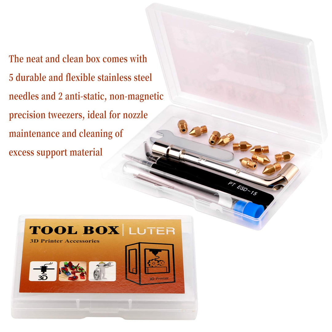LUTER 3D Printer Nozzle Cleaning Kit, 10PCS 0.4mm 3D Printer Nozzles Extruder Nozzles for MK8 + 5PCS Stainless Steel Nozzle Cleaning Needles + 2PCS Tweezers + 2PCS Wrenches