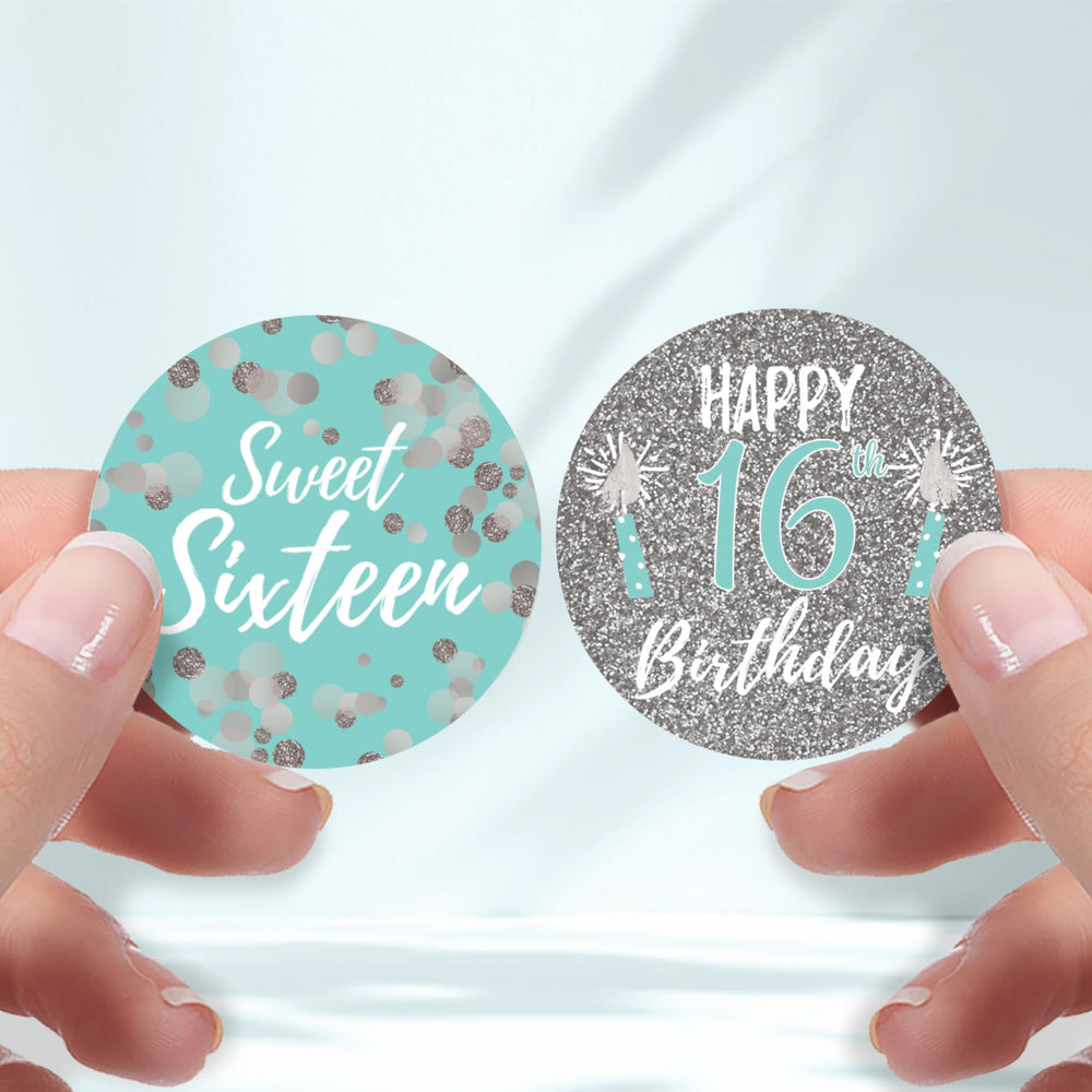 Sweet Sixteen 16th Birthday Favor Stickers, 1.75 in, 40 Labels (Blue and Silver)