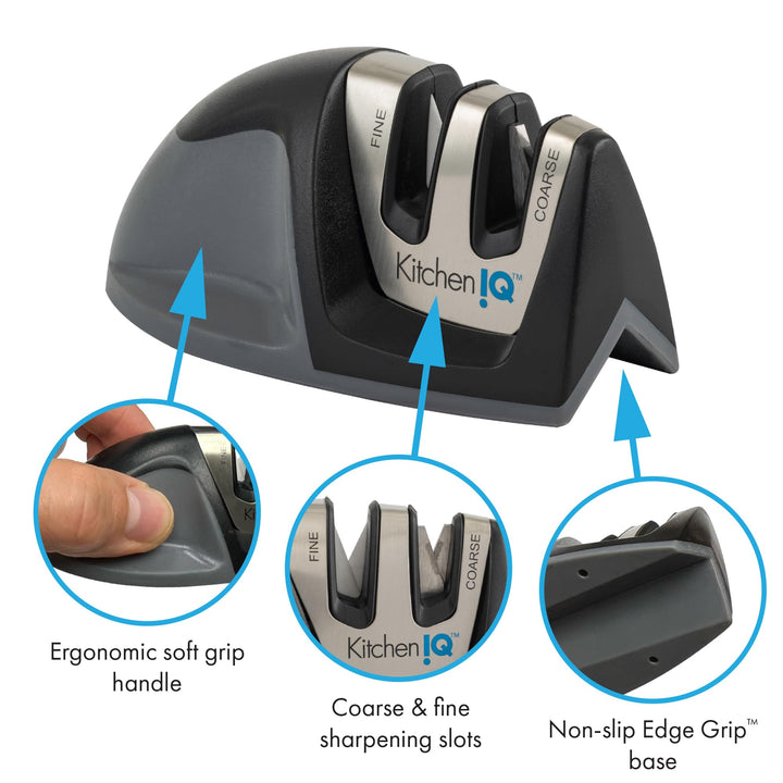 50009 Edge Grip 2-Stage Knife Sharpener, Black, Coarse &amp; Fine Sharpeners, Compact for Easy Storage, Stable Non-Slip Base, Soft Grip Rubber Handle, Straight &amp; Serrated Knives